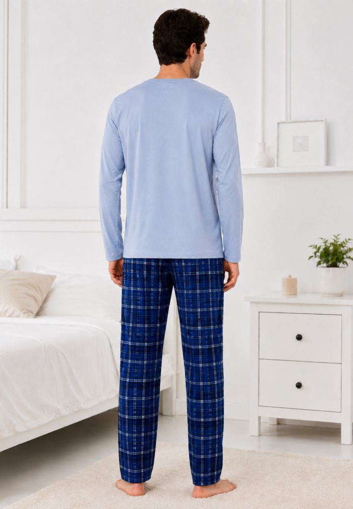 Pijama barbati Serena cu maneca lunga si pantalon lung-Bleu,Engros